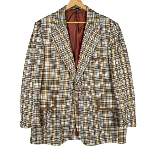 Vintage 70s Montgomery Ward Sport Coat 44L 46L Plaid Check Collegiate Mod Disco - Picture 1 of 16